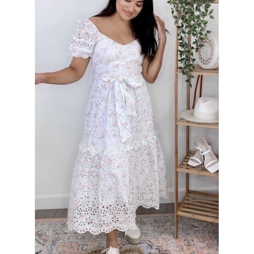LOVESHACKFANCY Target Clementine White Floral Eyelet Maxi Dress 12 Cottage Girly